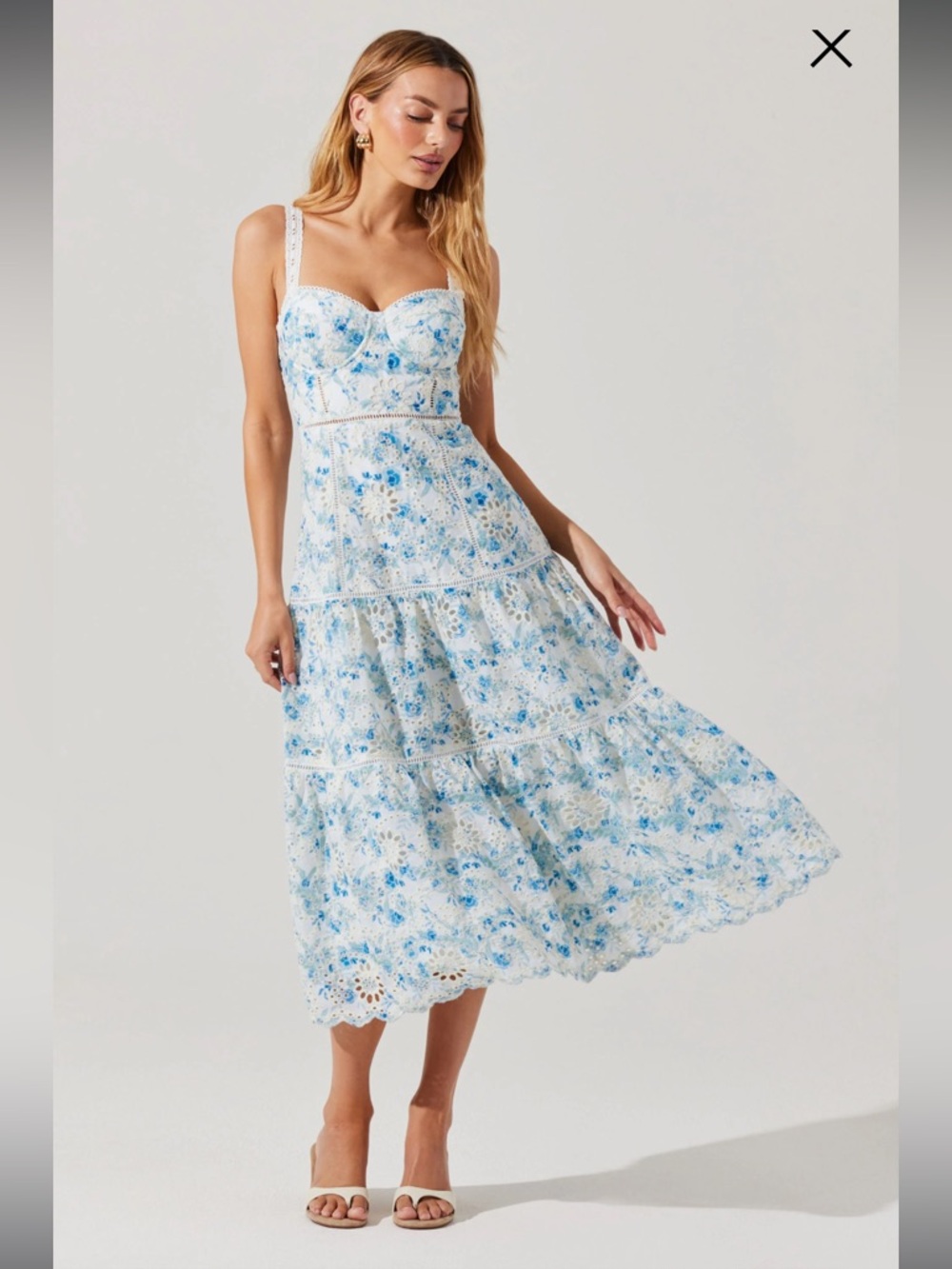 astr the label pellagia white & blue floral eyelet tiered midi dress small NEW